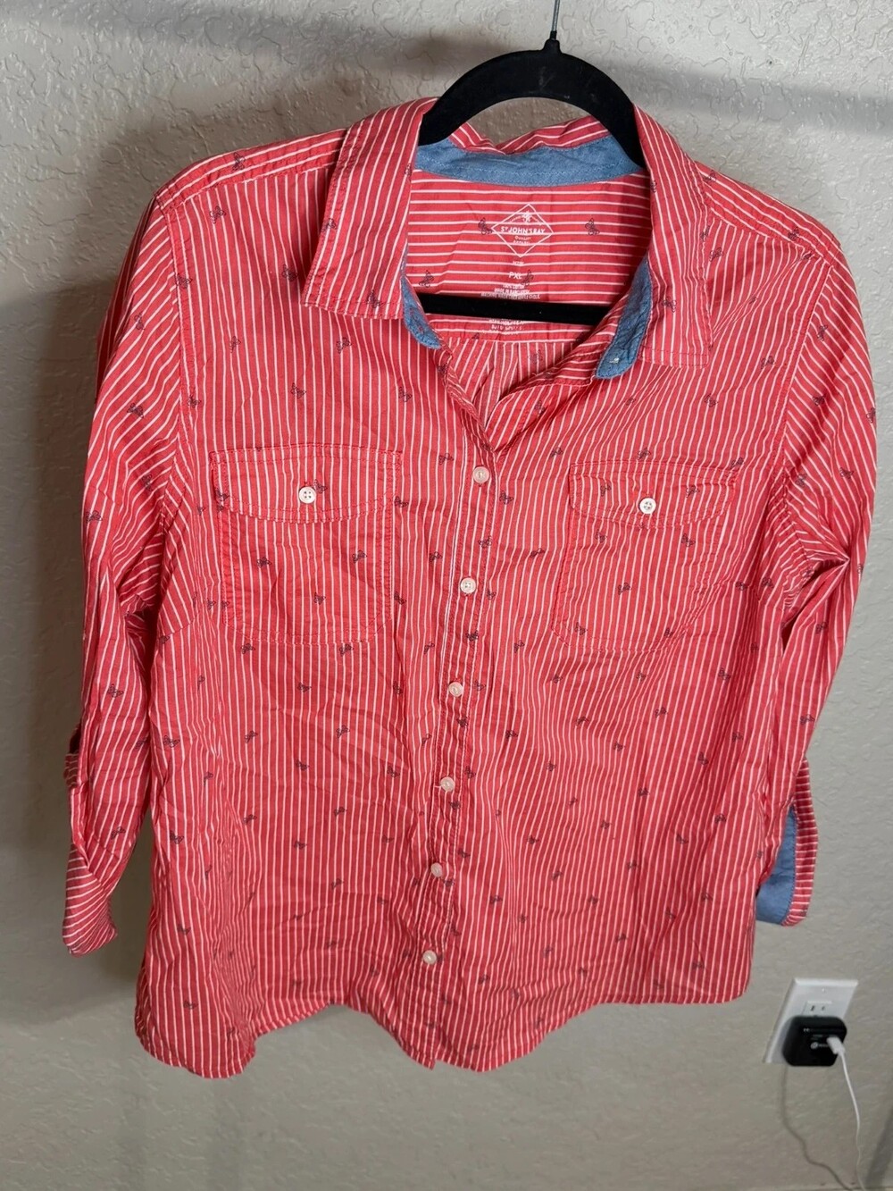 St. John’s Bay Petite PXL Red Striped Butterfly Button-Up Shirt